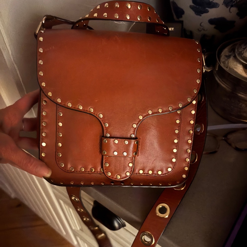 Brown Studded Leather Crossbody Bag